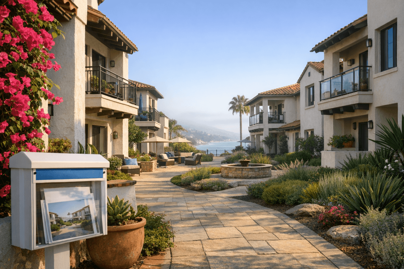 Townhome street with for-sale sign on a calm morning as mortgage rates improve