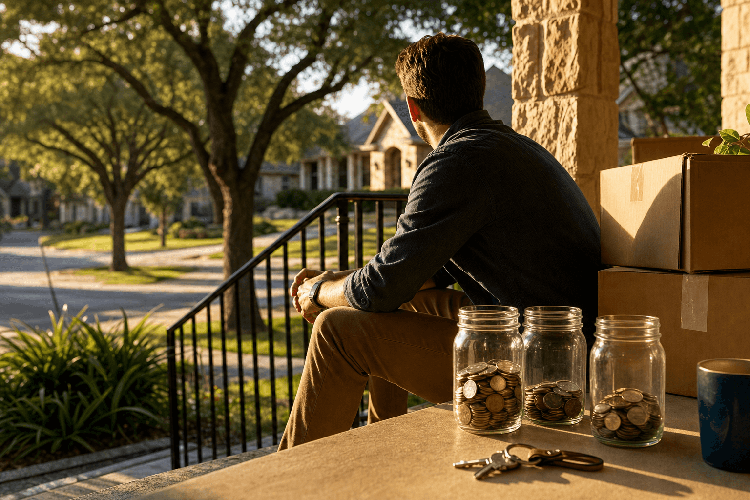 Homebuyer carrying moving boxes onto a Craftsman porch on a mild spring morning
